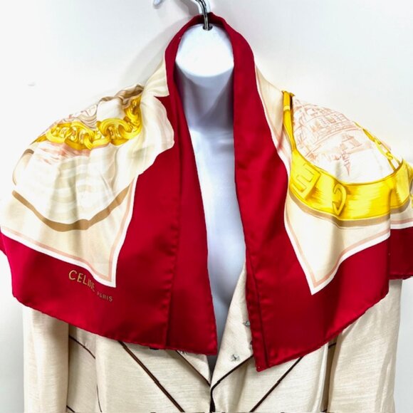 Vintage Celine Paris 100% Silk Scarf Satin 34" Beige Gold Chain Red trim (35) - Picture 11 of 15